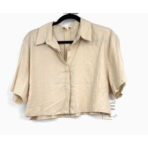 Open Edit NWT Women's M Short Sleeve Crop Collared Button-Up Linen Minimalist